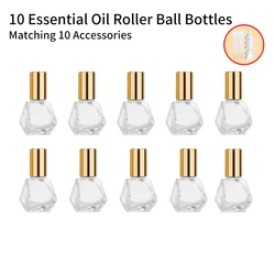 10PCS+10Accessories 8ml mini portable polygonal clear glass roller bottle with 10 roller bottles, 5 funnels, 5 droppers