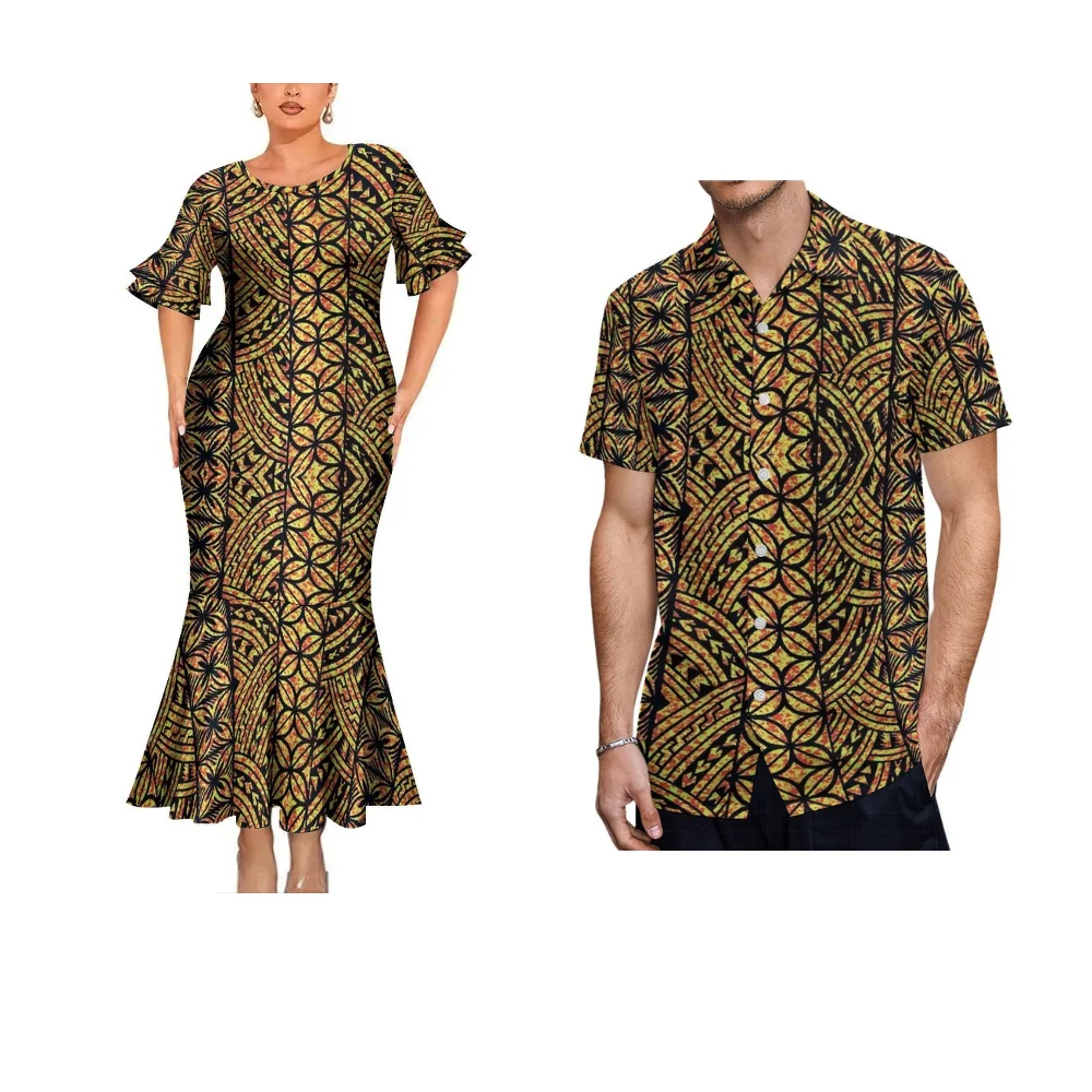 Polynesian Tribal Women Fashion Dress Couple Suit Women Elegant Fishtail Skirt Men Fashion Pocket Shirt Samoa Island Dress