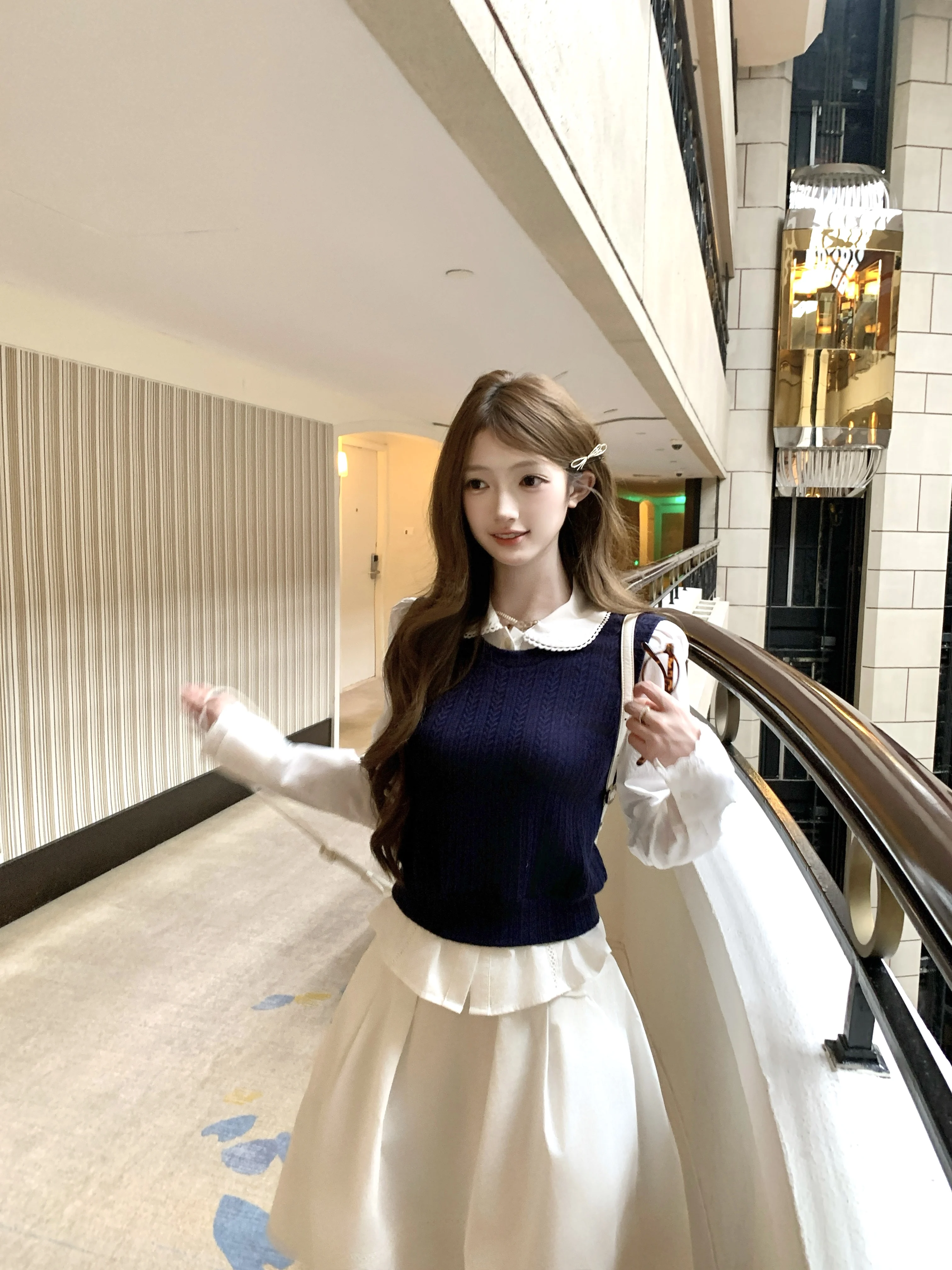 Acaine Short Knitted Mock Two-Piece Set High Waist A-Line Skirt Women's Autumn College Style Elegant Fashion Ensemble