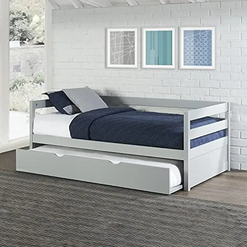 Gray Wood Twin Size Daybed with Trundle Sturdy & Durable Furniture Smaller Spaces Easy Roll Out Twin Bed Neutral Palette 79.5