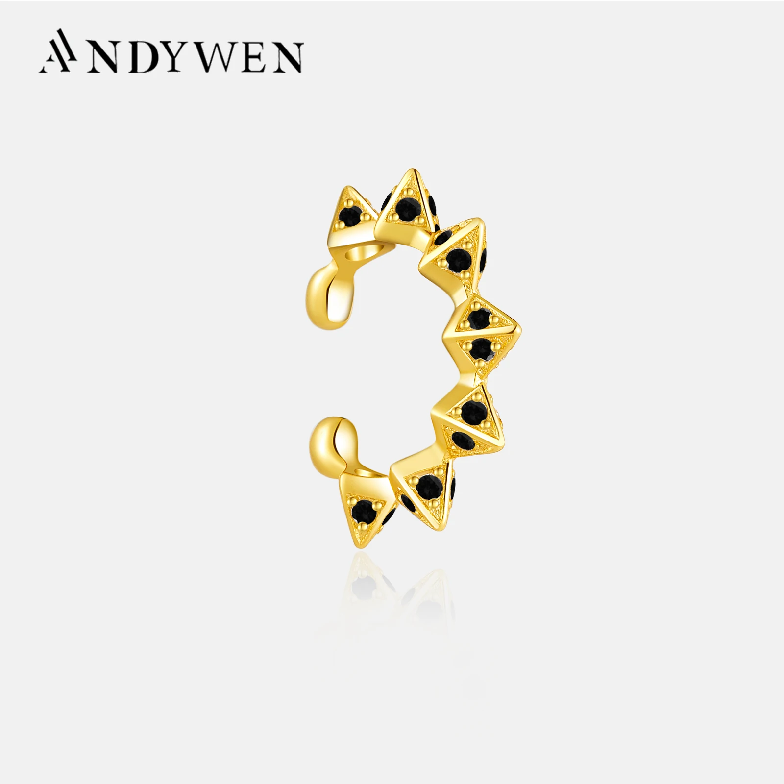 ANDYWEN 925 Sterling Silver Gold Spike Clear Zircon Black Ear Cuff Earbar Women Non Piercing Clips Luxury Women Fashion Earcuff