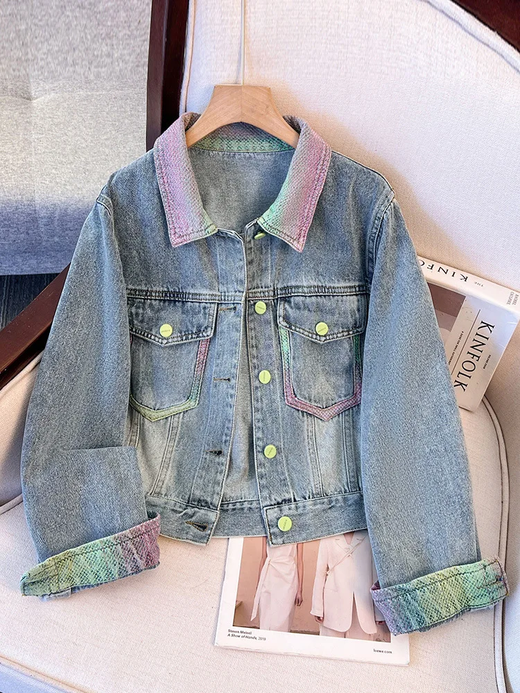 

Весенне-осенняя женская джинсовая куртка с длинными рукавами в стиле пэчворк, синие куртки, французское повседневное модное пальто контрастного цвета в стиле ретро