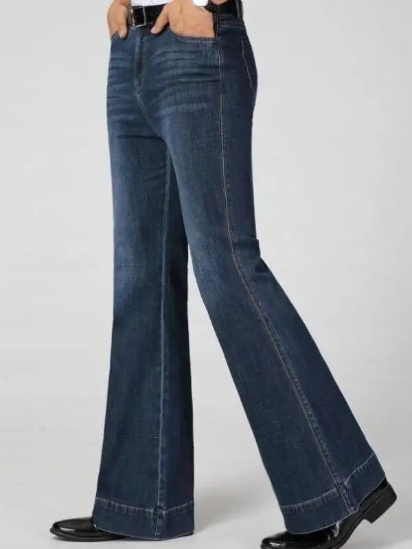 

Мужские ретро-джинсы клеш с высокой талией, эластичные широкие брюки, длинные танцевальные брюки, повседневные облегающие летние брюки с яркими деталями