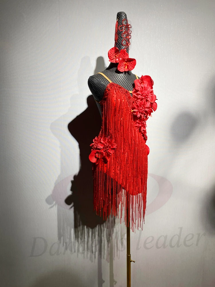 الرقص اللاتيني AB Stone أنثى الكبار الأطفال الراقية مخصصة كبيرة زهرة حمراء فستان أسود بركة السامبا أداء اللباس