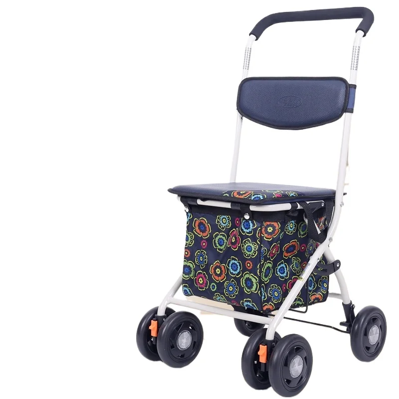 Elderly shopping cart handcart grocery shopping transportation assistance portable four-wheel cart foldable and easy to sit on