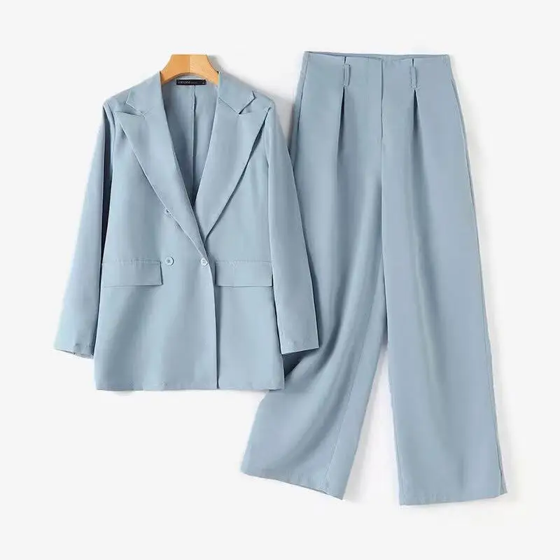 Two Pieces Pant Suits Solid Casual Women Blazers Notched Neck Long Sleeve Single Button Top Elastic Waist Wide Leg Pants  Autumn