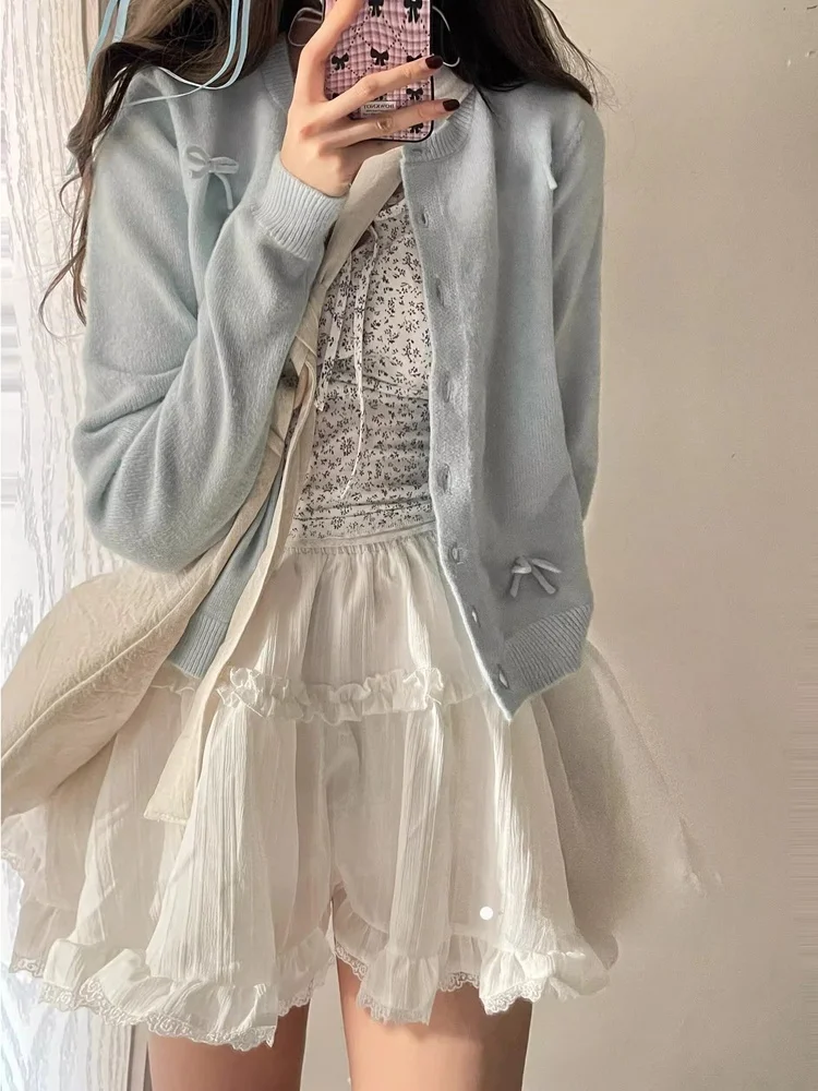 

Sweet Sle Knitted Open Cardigan Winter Women's New Knot Soft Cozy Blue Sweater Jaet Korean System Ballet Wind