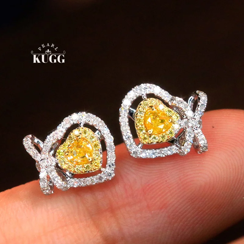 

KUGG серьги из 100% белого золота 18 карат, романтические серьги-гвоздики в форме сердца с настоящими натуральными желтыми бриллиантами для женщин, высокие свадебные украшения