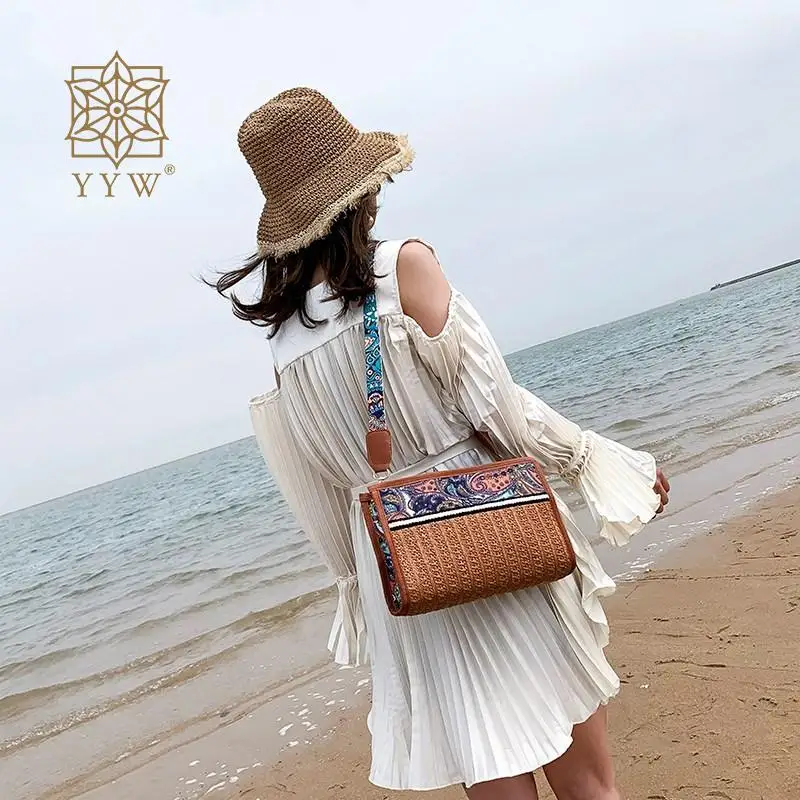 Retro Lady Straw Beach Bag Crossbody Shoulder Envelope Messenger Purse Casual Women Handmade Woven Straw Shoulder Zipper Handbag