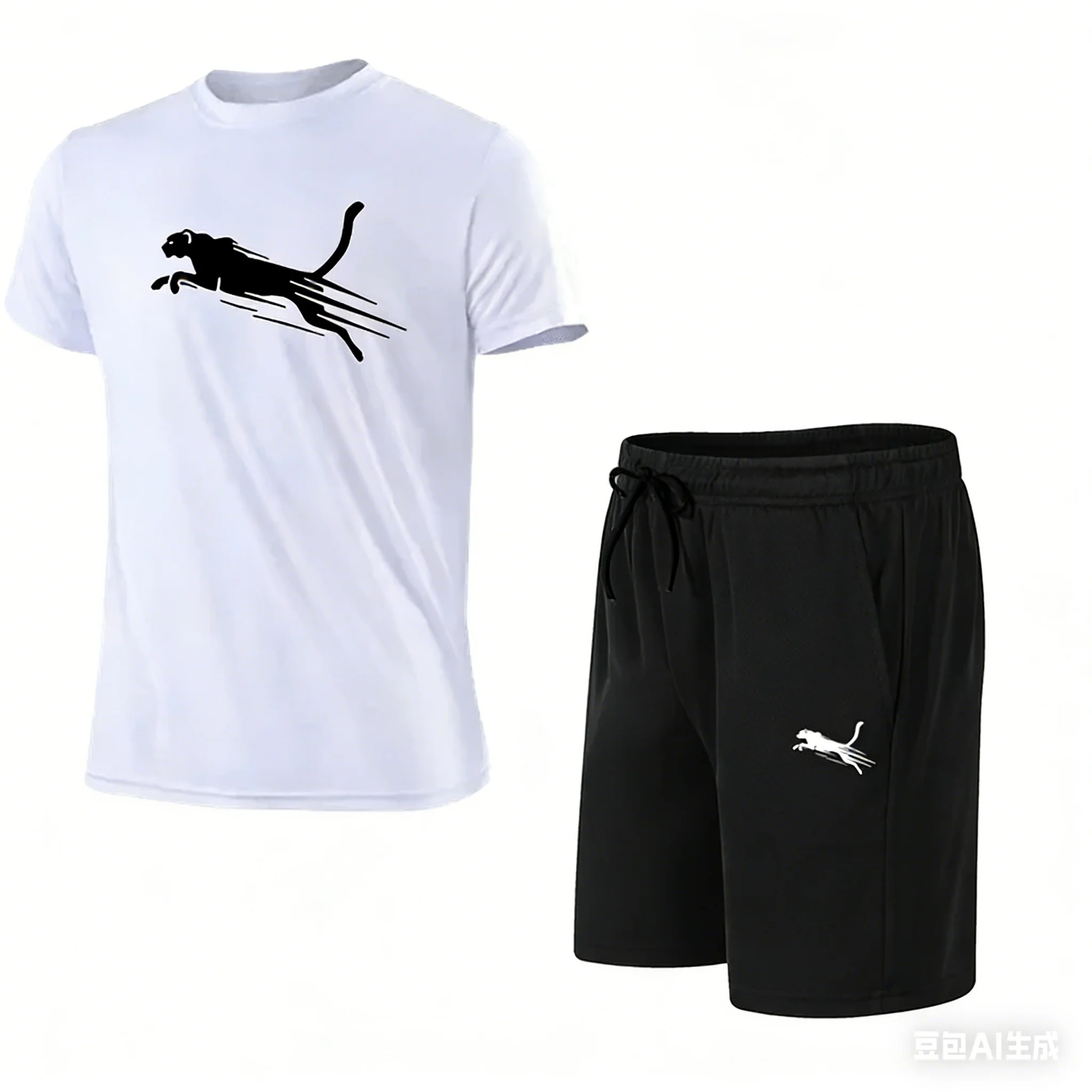 

2026 Summer Men's Running Set Cheetah Printed Top Casual T-shirt+Shorts Two Piece Set Slow Running Breathable Quick Drying