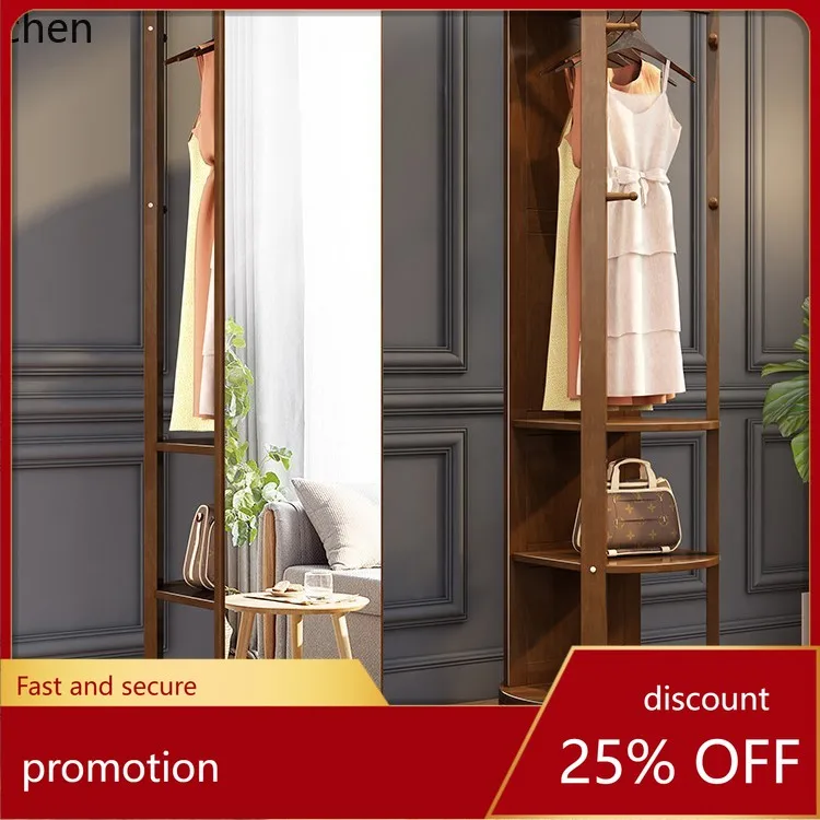 HXL clothes rack for bedroom, freestanding solid wood coat rack with integrated mirror, rotatable and movable