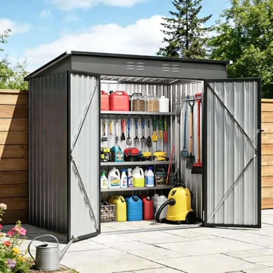 6 x 4 FT outdoor storage shed for backyard garden patio and lawn, metal construction with sloping roof and lockable door, grey