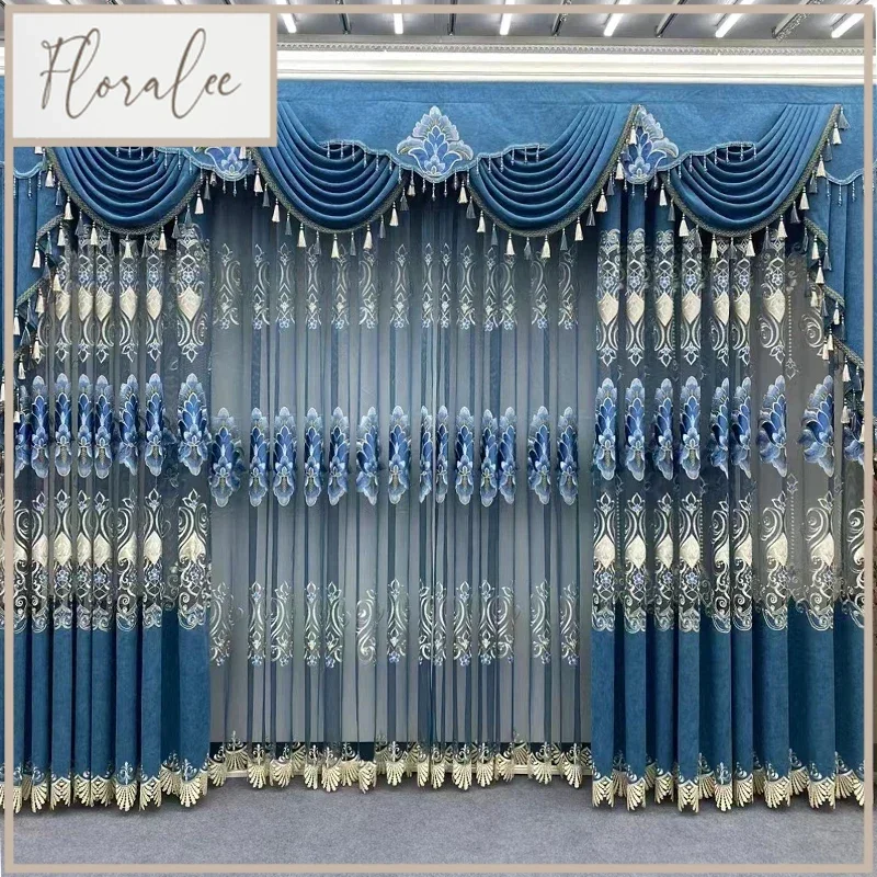 

Custom Size European Hollow Embroidered Blue Luxury Curtains For Living Room Bedroom Dining Window Chenille Blackout Elegant