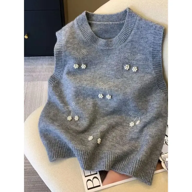 Cherry Nail Bead Knitted Sweater Women Tank Summer Camisole Casual Sleeveless Short Top Cropped Sweaters Vest Korean Tops 2025