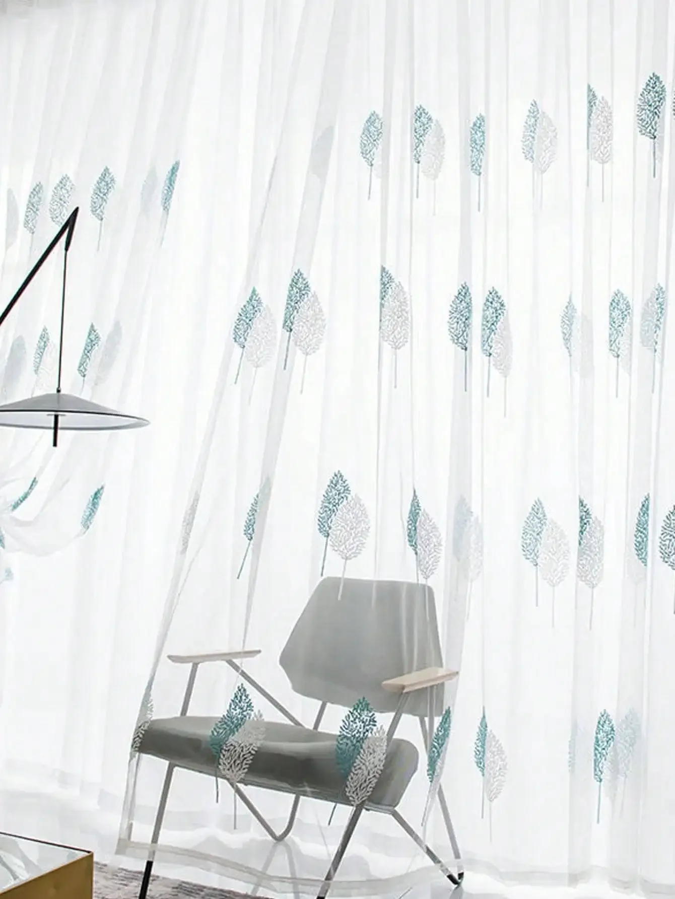 1PC Nordic Style Simple Modern Small Tree Embroidery Small Fresh Embroidery Floor-to-ceiling Window Screen Curtain