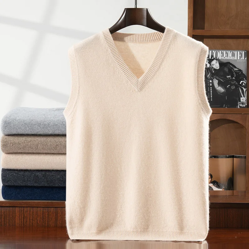 ANGEL Men V-neck Cashmere Waistcoat Spring Autumn Winter Solid Sleeveless Pullover Sweater 100% Goat Cashmere Knitwear Vest Top view 2