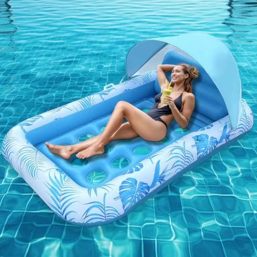 

[2025 New Upgraded] Pool Floats Adult Iatable Pool Float with Canopy Pool Floats Adult Heavy Duty Cooling Water Floaties with B