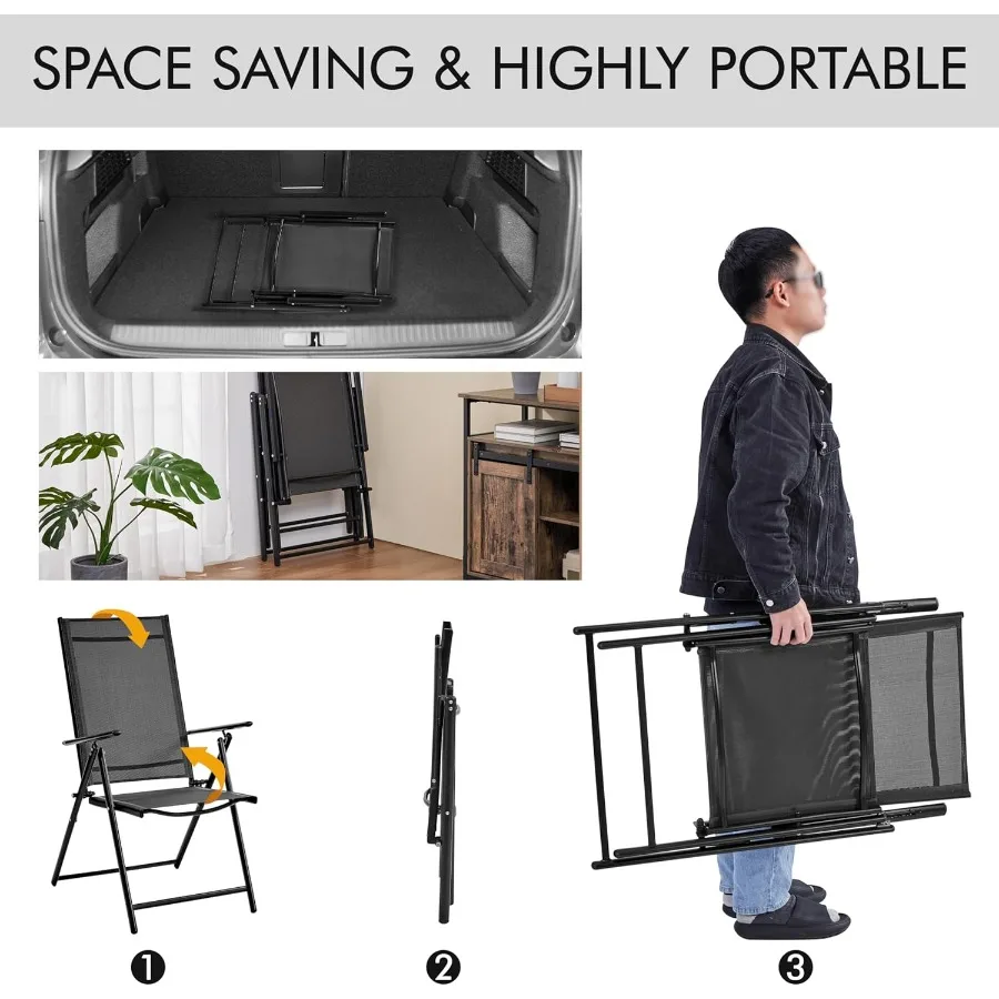 مجموعة كراسي تناول الطعام القابلة للطي في الفناء مكونة من كرسيين للحديقة الخارجية قابلين للتكديس مع 8 أوضاع خلفية قابلة للتعديل ومسند للذراع لحديقة الحديقة
