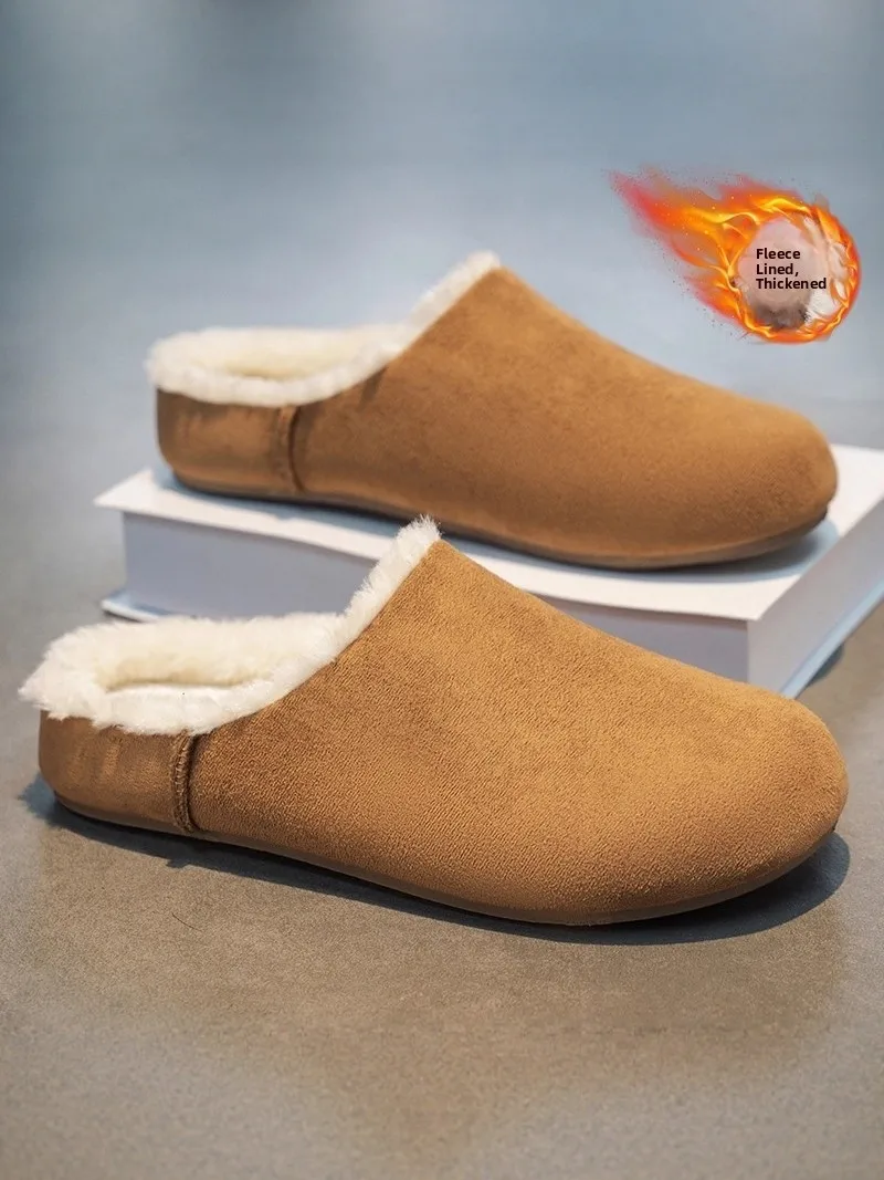 Men's Cotton Slippers Winter Thick Bottom Anti-slip Wear-resistant Fleece-lined Warm Cotton Shoes Slip-on Half Slippers
