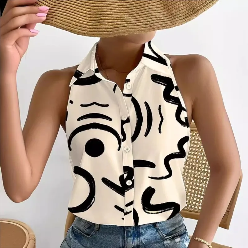 

Women Button Blouses Shirt Chain Print Female Tops Summer Blusas Lady Sexy Sleeveless Off Shoulder Shirts Mujer Streetwear 2025