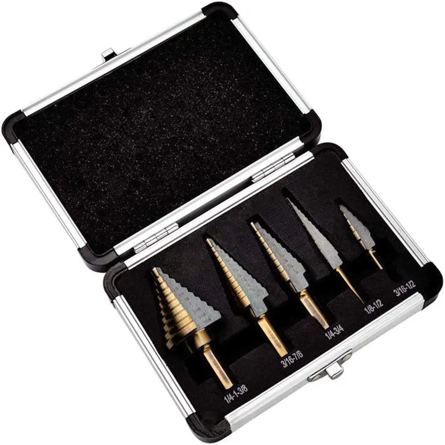 Stufenbohrer-Öffnungswerkzeug 5-teiliges Aluminium-Box-Set Hochgeschwindigkeits-Bohrer ​ ​ Stahl-Metall-Pagoden-Bohrer für Zentrierbohrungen – Detail 10
