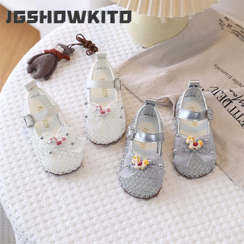 JGSHOWKITO Kids Hollow Sandals Girls Half Sandals Cut-outs Air Mesh Net Style with Bow-knot Cartoon Horse Soft Princess Sweet