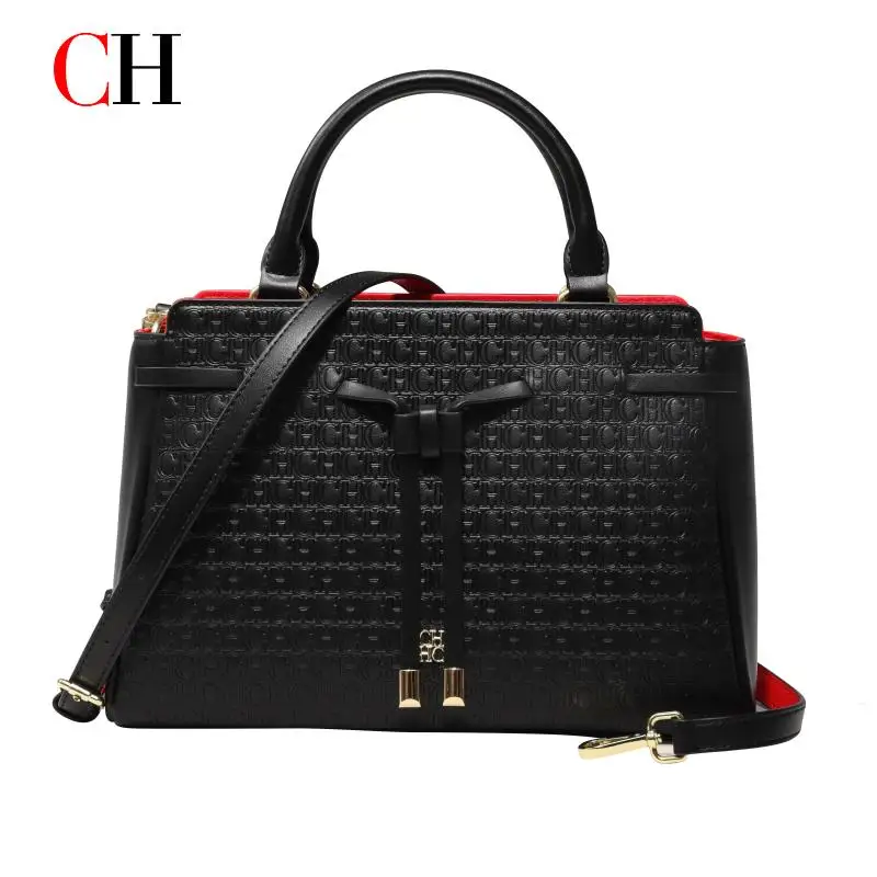 CH Women's Embossed Top Handle Handbag Elegant Bow Detail Shoulder Crossbody Bag Large Capacity Commuter Office Tote Purse