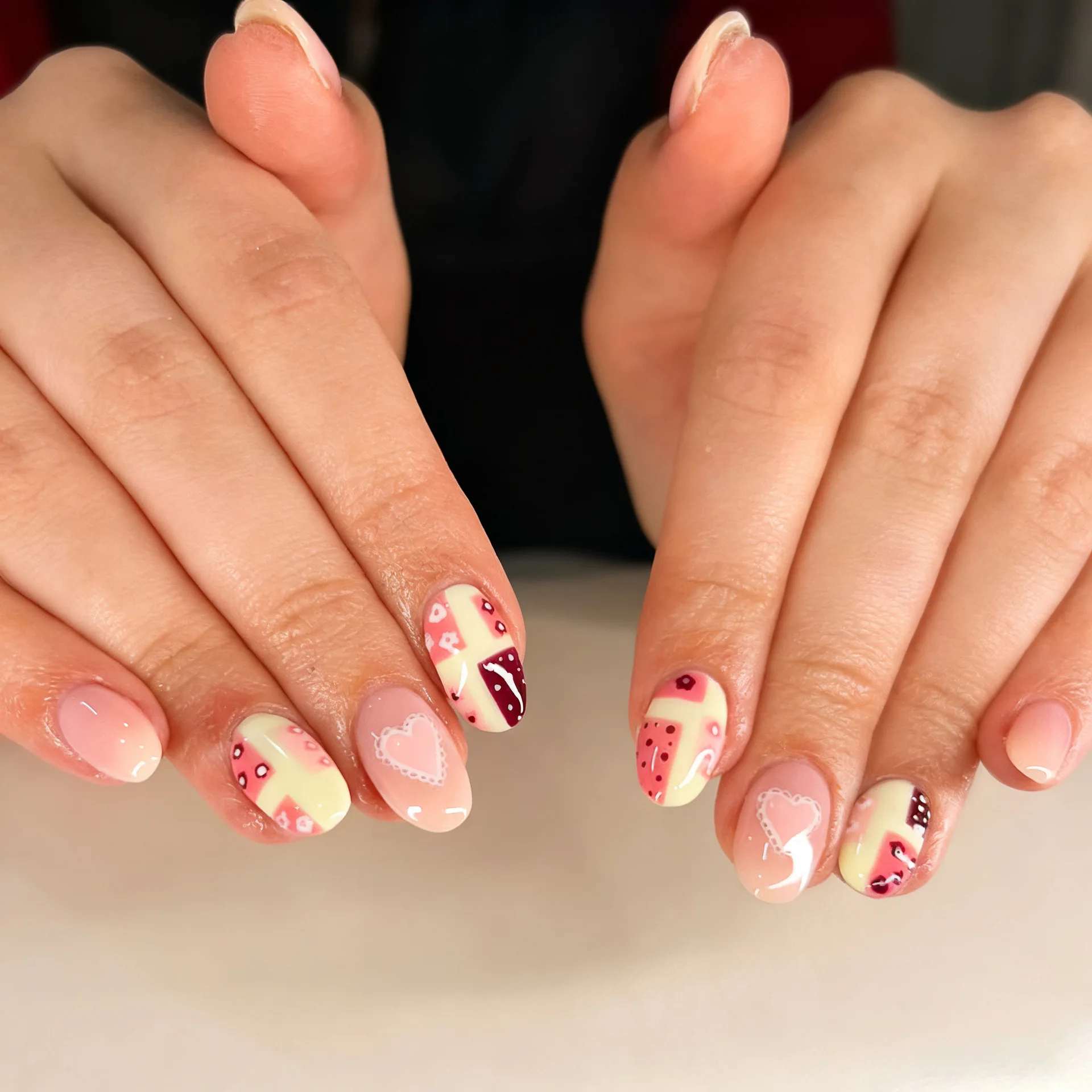 24pcs Cute Sweet Oval Stick on Nail Red Short Almond Fake Nails Tips with Love Bow Design False Nail Polka Dot Press on Nails