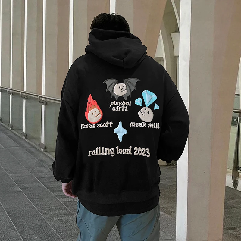 European and American Street Vintage Black Hooded Pullover Sweatshirts Mens Cotton Hoodies Rolling Cloud Skull Foam Printing