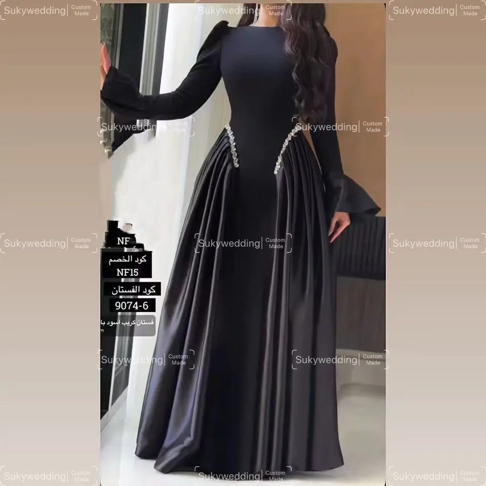 

Элегантные черные мусульманские вечерние платья с кристаллами и бусинами, трапециевидные платья для выпускного вечера, средневековые арабские вечерние платья с длинными рукавами по индивидуальному заказу