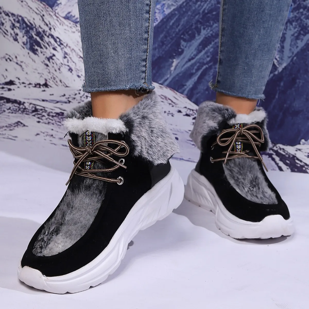 Women Winter keep warm Fashion Faux Fur Lace Up suede Snow Boots comfortable outdoors non-slip Wedge Heel Ankle Boots Plus Size