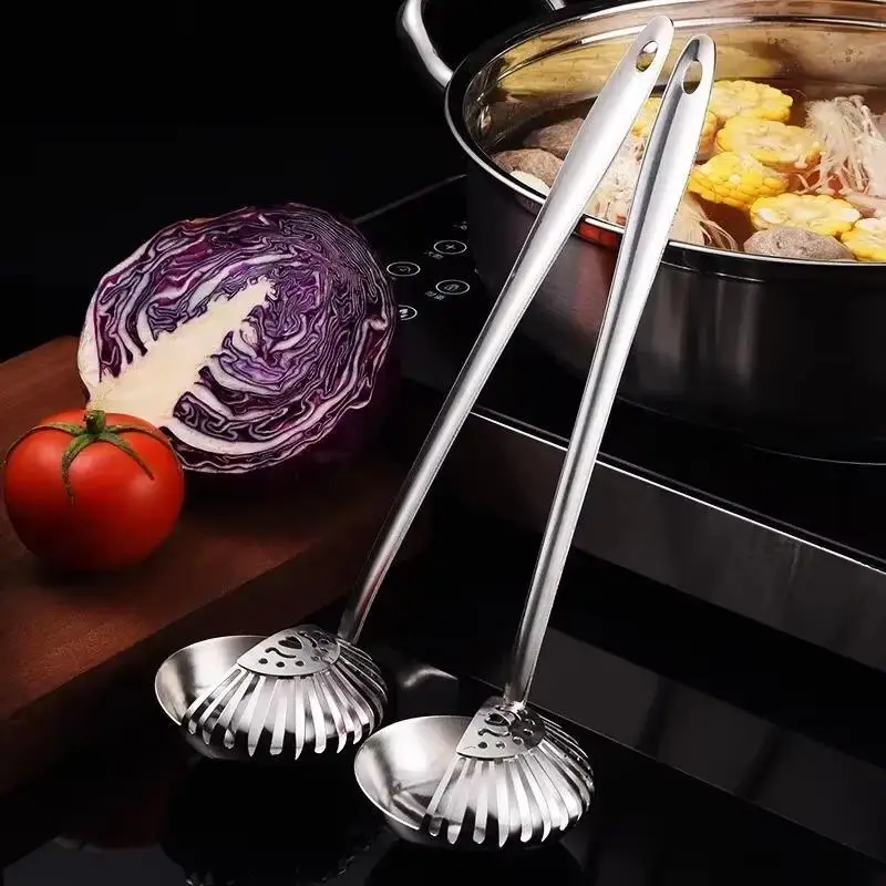 Kitchen Tableware Dual-use Soup Spoon Long Handle Stainless Steel Soup Ladle With Removable Filter Colander Utensils Scoop
