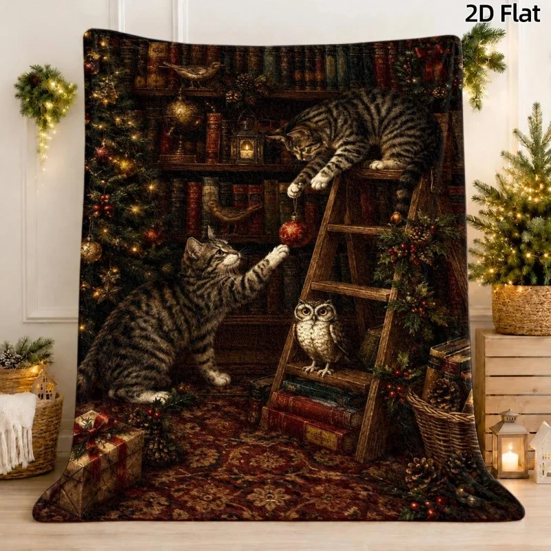 Vintage Christmas Cat Owl Book Shelf Xmas Ornament Gift Print Throw Blanket, Retro Winter Household Sofa Cover