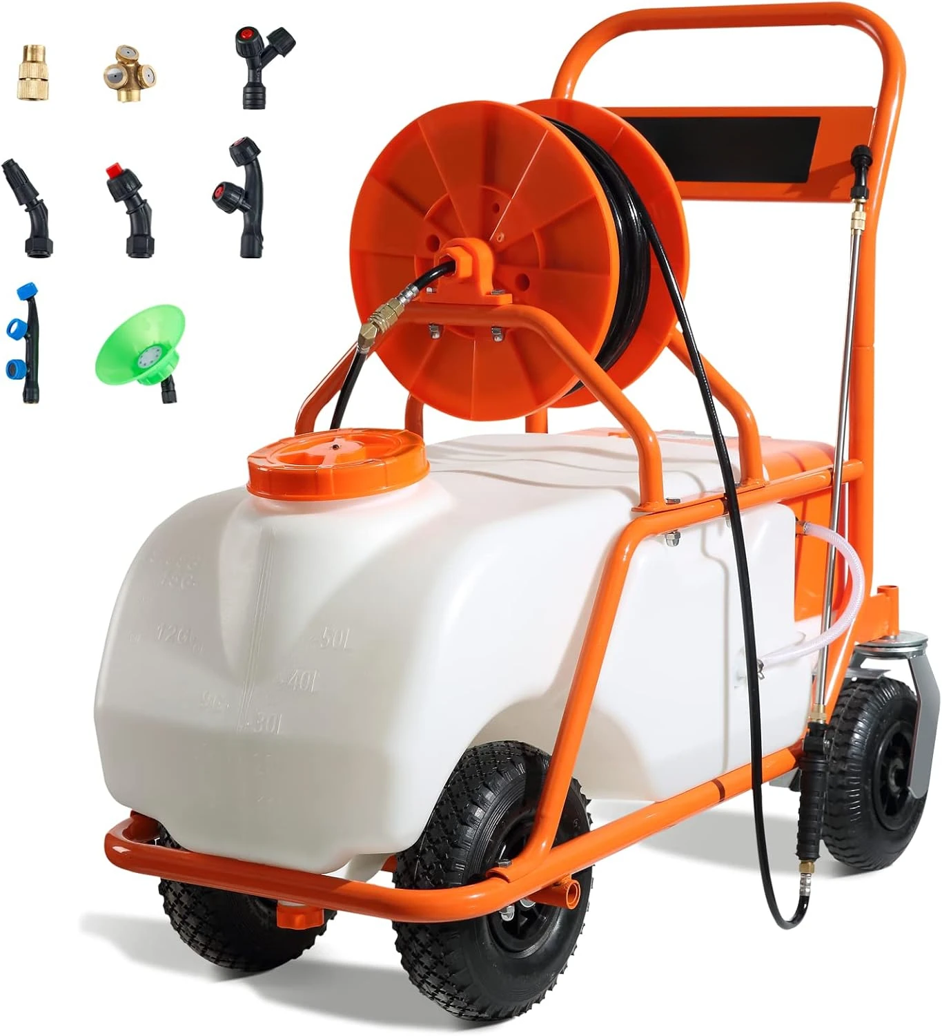 

Battery Powered 15 Gallon Garden Weed Sprayer with Wheeled Cart, 126FT Hose with Reel, 8 Nozzles, 2 Wands with Lock Trigger