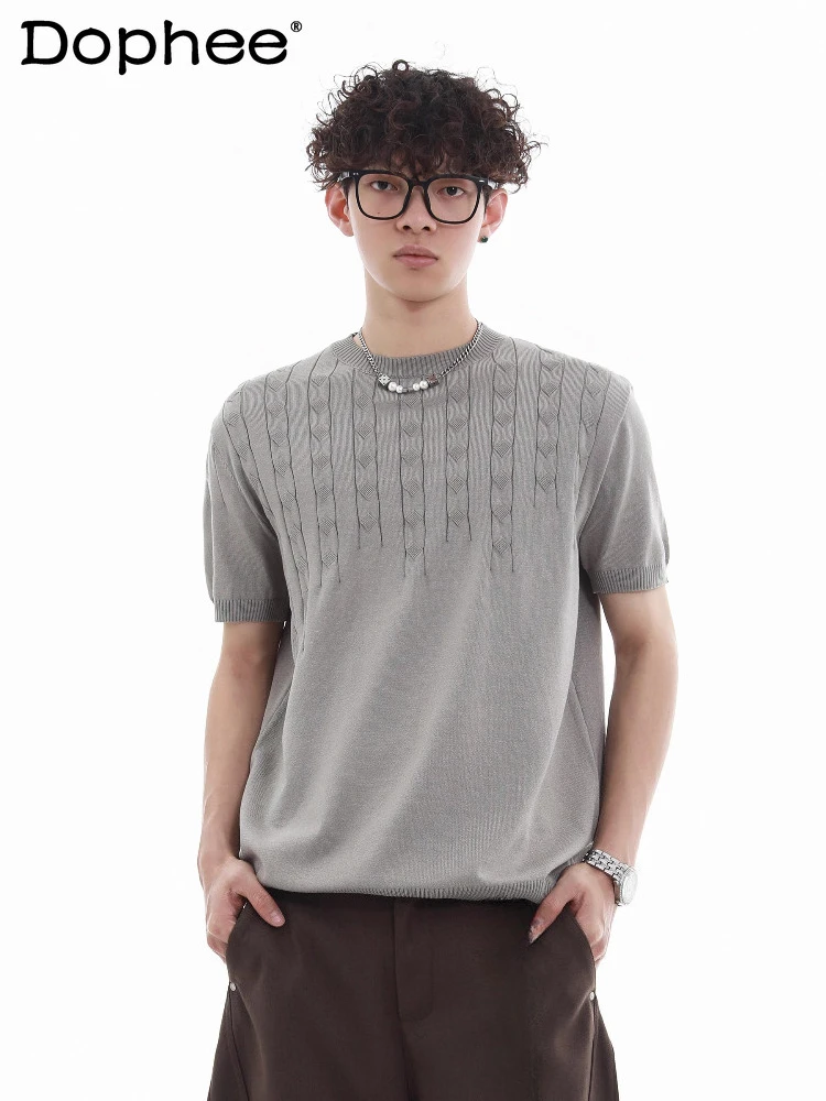 

Men's Short-sleeve Round Neck Knitted Tops Men's 2025 Summer New Solid-color Knitted T-shirts Trendy Male Handsome Knitwear Tees