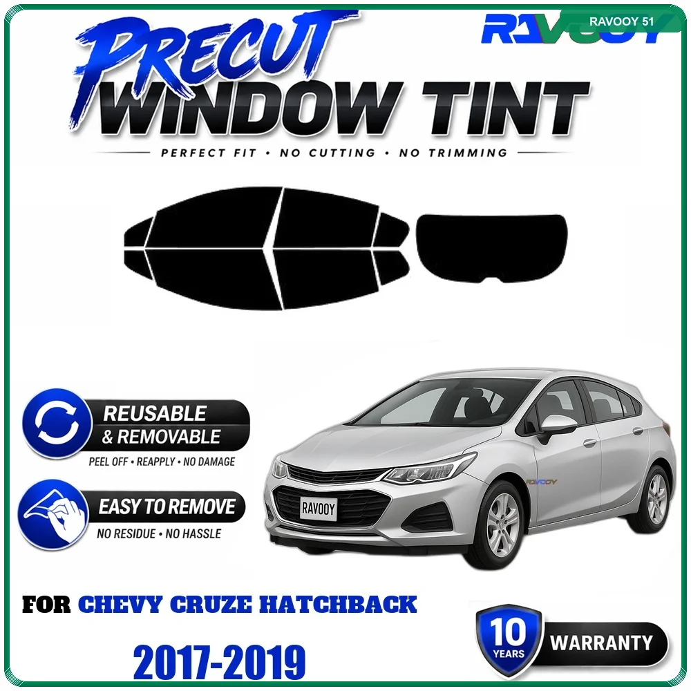 RAVOOY Precut Window Tint, Reusable Removable EPU Film, Custom Fit for Chevy Cruze Hatchback 2017-2019, UV Heat Protection