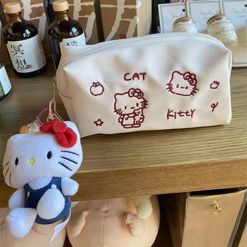 Estuche de lápices Kawaii Sanrio Hellokitty, bolsa de almacenamiento de estudiantes de gran capacidad, bolsa bordada de dibujos animados, regalos de cumpleaños para niñas, nuevo