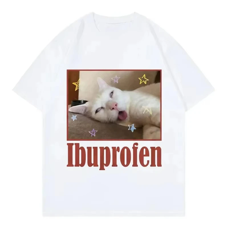 Fun Ibuprofen Cat Meme Print T-Shirt for Women Stylish and Cute Short-Sleeved T-Shirt Summer Casual T-Shirt Personality