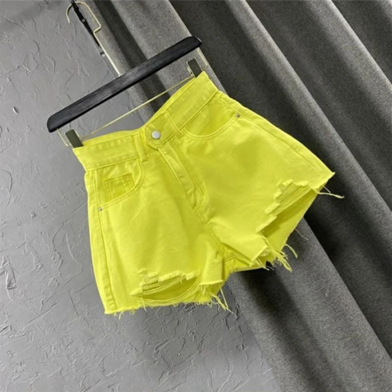 2026 New Korean Fashion Women's High-Waisted Denim Shorts Green  A-Line Wide-Leg Distressed Summer Hot Pants