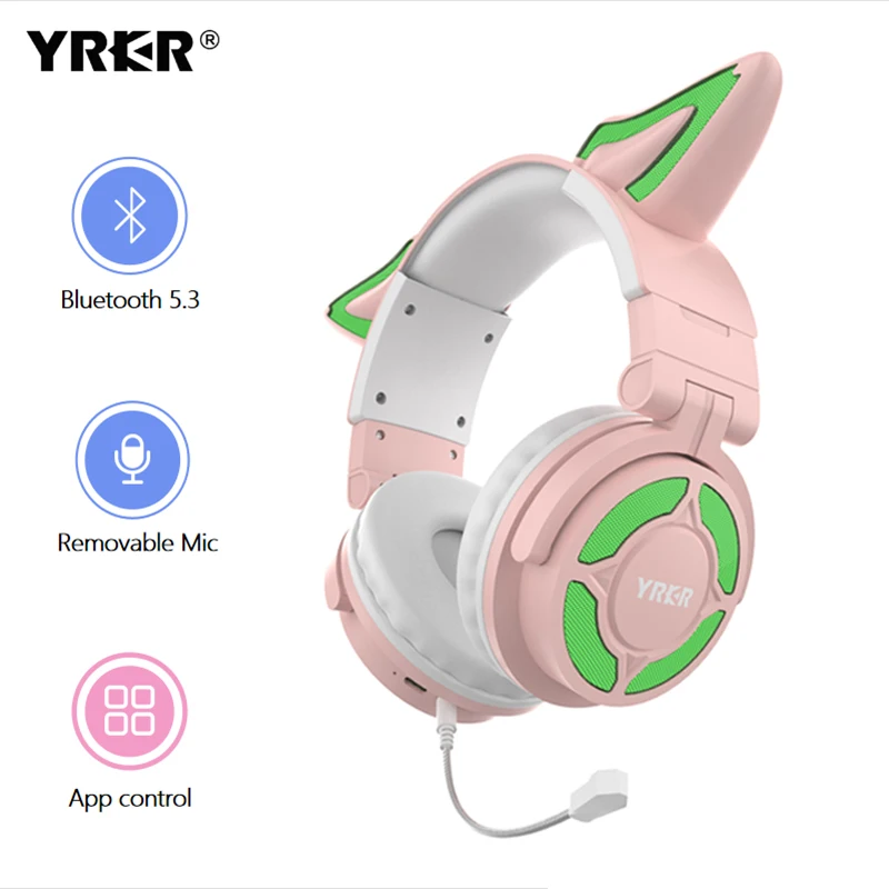 

YK069 Fox Ear Bluetooth 5.3 Headphone Wireless Headset With HD Microphone Pluggable RGB Light Flashing for Girl Cute Gift