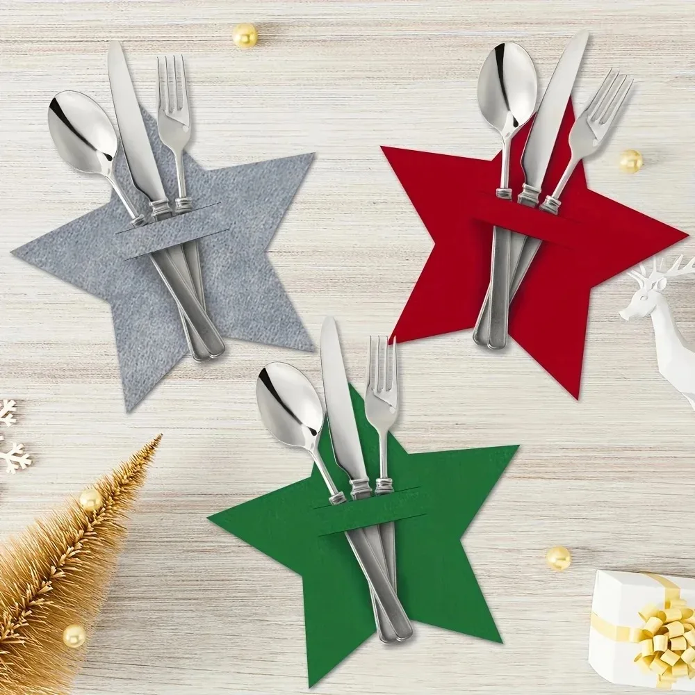 12PCS Christmas Felt Red Five Pointed Star Green Five Pointed Star Knife and Fork Pad Gray Star Tableware Knife and Fork Pad