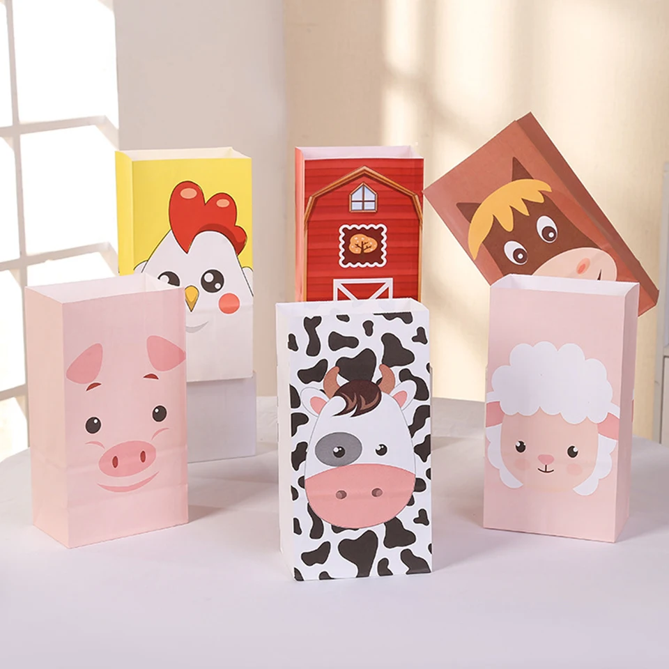 6PCS Carton Farmland Animal Candy Bags Paper Crafts Kraft\'s Packaging Bag for Kids Farm Themed Animal Birthday Party Supplies