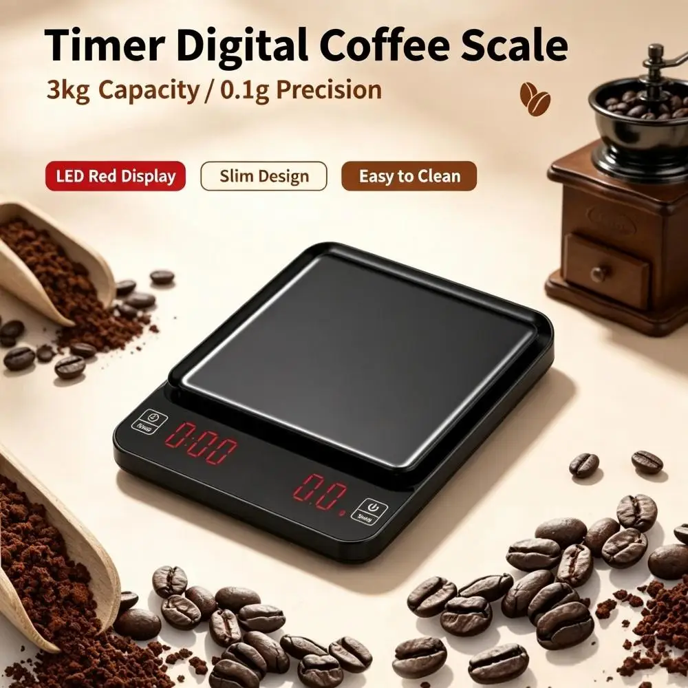 3KG 0.1g Precision Electronic Coffee Scale, LED Display Digital Kitchen Scale, Household Baking Weighing Scale for Espresso Brew