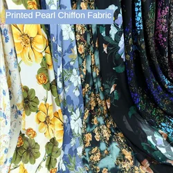 Printed Pearl Chiffon Fabric By The Meter for Clothing Dresses Sewing Flower Summer Cloth Soft Drape Diy Thin black white Floral