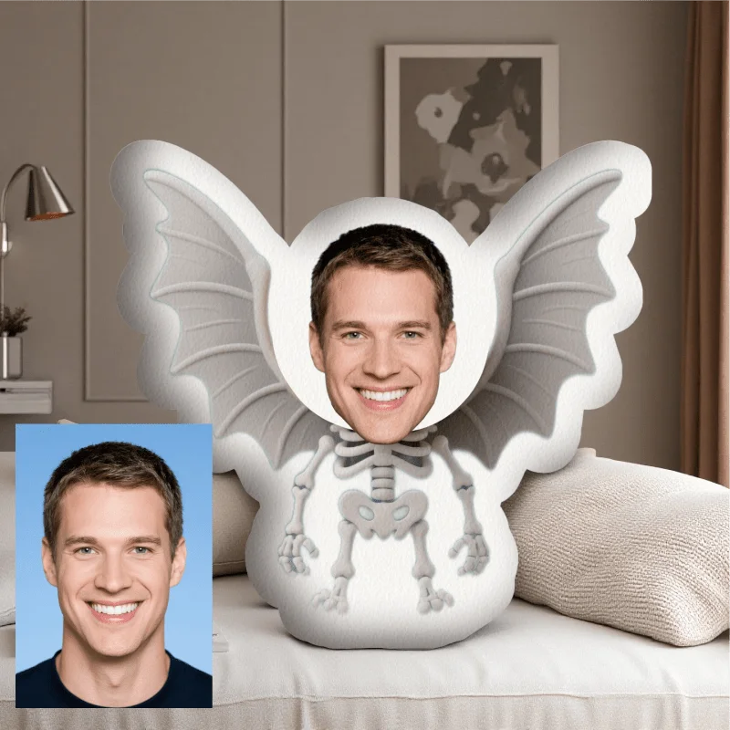 Personalized 3D Printed Angel Face Pillow - Custom Photo to Pillow with Wings Design, Soft Plush Material, Mixed Colors, Unique