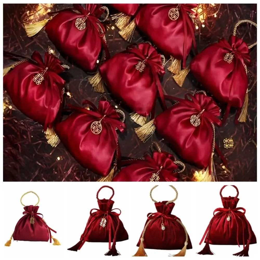 Velvet Drawstring Candy Bag Non-woven Fabrics With Drawstring and Tassels Flannel Gift Bag Wine Red Exquisite