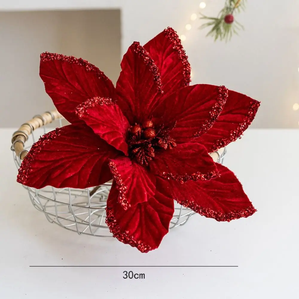 جديد النسيج البلاستيك عيد الميلاد الزهور الاصطناعية DIY الديكور 30 سنتيمتر ورد صناعي الحلي بريق البونسيتة عيد الميلاد #6