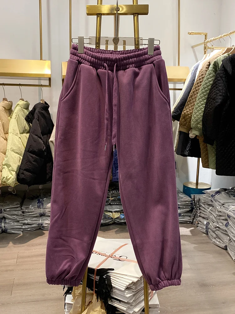 Thicken 【Live Shot】korea Fleece Female Sweatpants 2023 New Winter Warm Drawstring Elastic Waist Casual Harem Pants