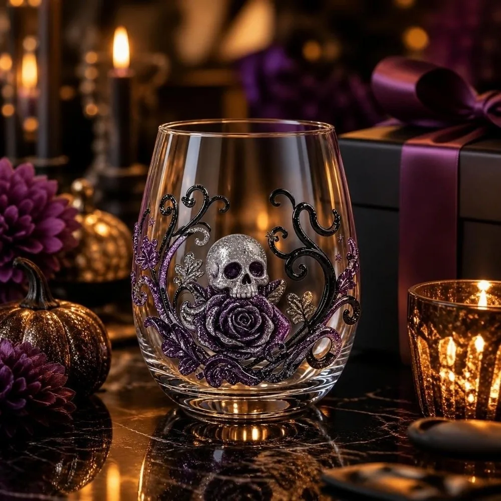 Dark Style 2D Print Tentacle Halloween Glass Pumpkin Skull Ghost Halloween Art Cup Flower Spider Cat Clear Stemmed Cup Bar