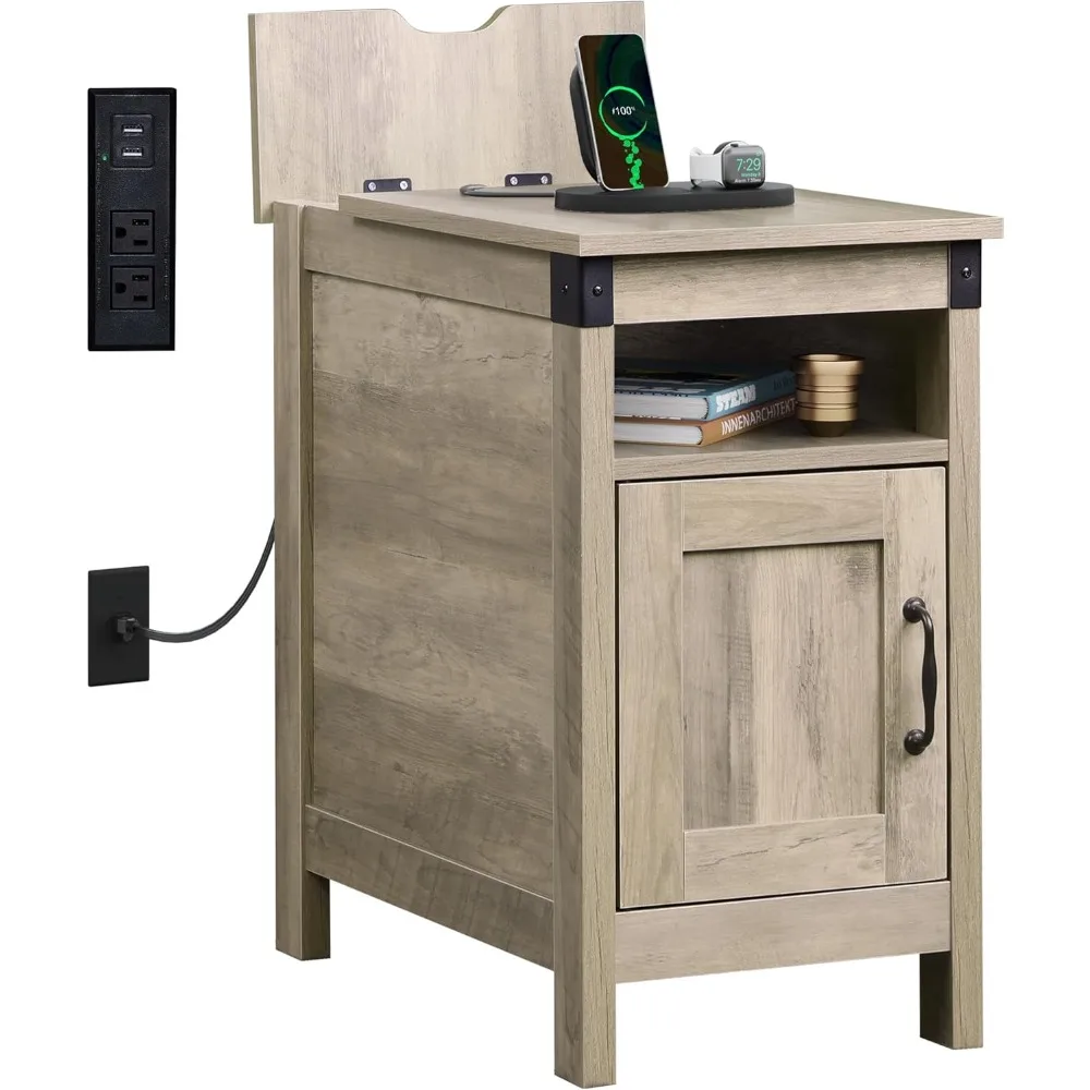 

farmhouse end table with charging station, narrow side table for living room, bedroom, small nightstand with storage, usb ports